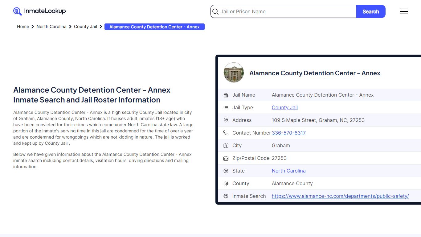 Alamance County Detention Center - Annex Inmate Search - Inmate Lookup